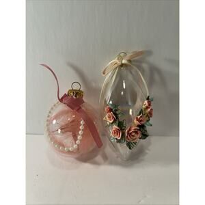Vintage Elegant Pink Feather & Floral Glass Ornaments Lot of 2 Christmas Decor